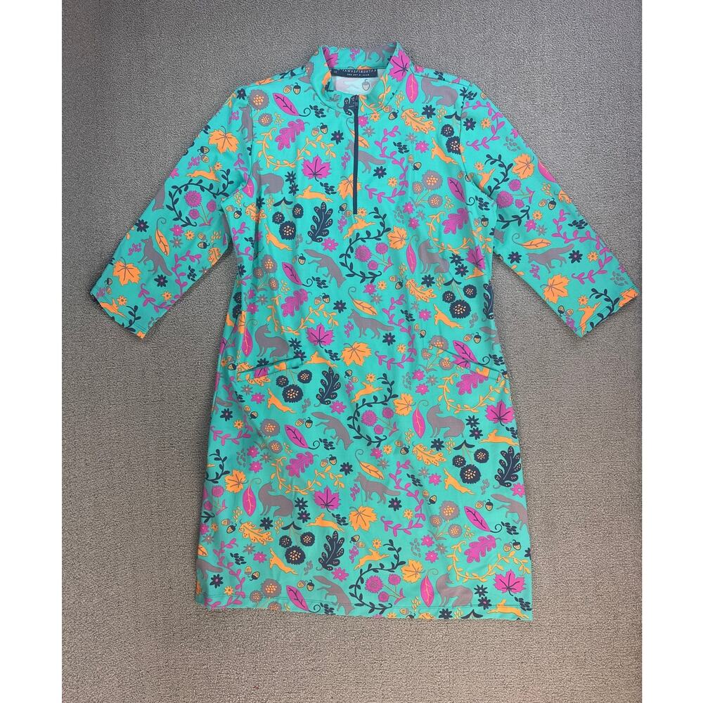 Katherine Way Doral 3/4 Sleeve Polo Dress UPF‎ 50+ Athleisure Teal Novelty XL